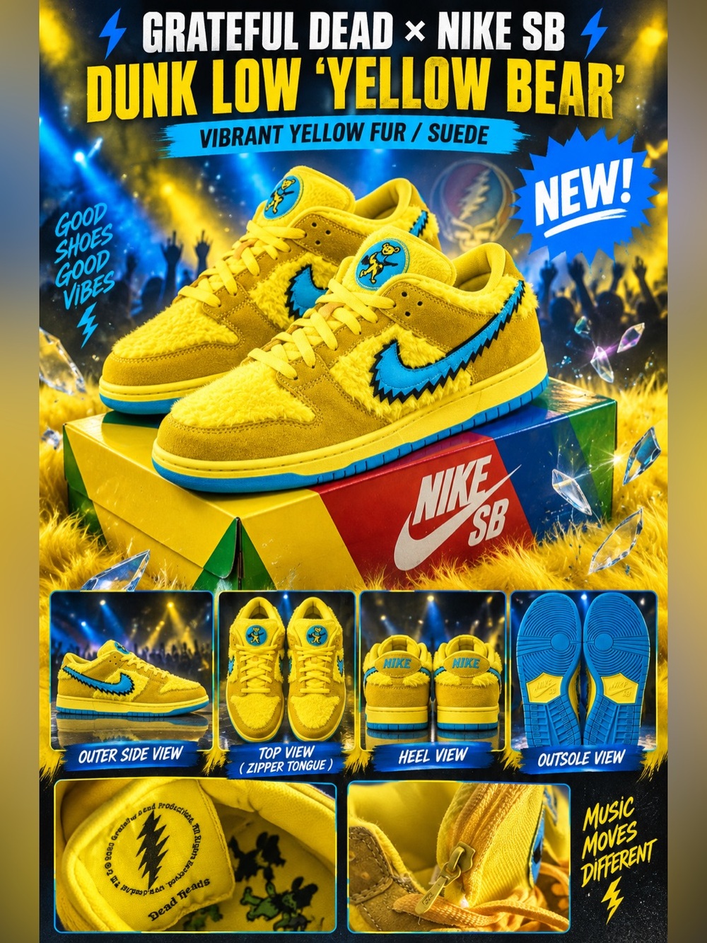The Grateful Dead x Nike SB Dunk Low 'Yellow Bear' vibrant yellow fur/suede🔥New!